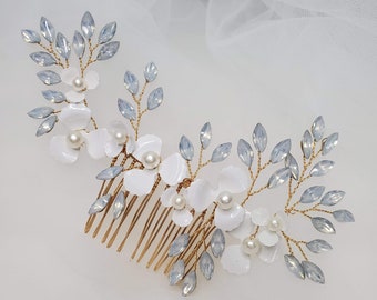 Elegant opal & enamel flowers hair Comb gold wired Comb bridal romantic floral Hairpiece headpiece Bride Event prom Wedding Gift