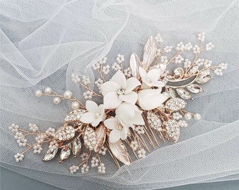 Bridal veil comb clip Ceramic headpiece metal leaf white floral rose gold Crystal Hairpieces Flower Bride Wedding Gift engagement evening