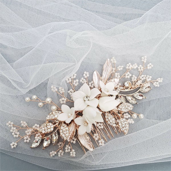 Bridal veil comb clip Ceramic headpiece metal leaf white floral rose gold Crystal Hairpieces Flower Bride Wedding Gift engagement evening