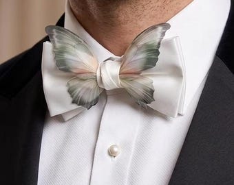 Niepowtarzalna, gotowa muszka w kolorze szampańskim, satynowa, dwuwarstwowa, z motylem, biała, na wesele, na bal, dla pana młodego