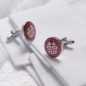 Groom double happiness Double Happy blessing luck symbol silver cufflinks Classic Chinese cufflink meaningful Groomsmen dad wedding gift