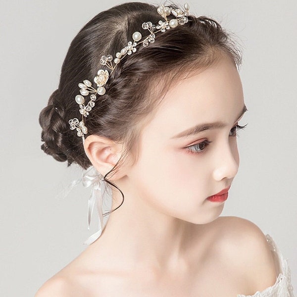 Bridal vine ribbon headband Headpiece adjustable floral flower girl long vine Hairpieces pearl hair crown Bride Wedding prom Gift