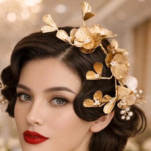 Grande copricapo da sposa con petalo d'oro, unico pezzo vintage in metallo con fiore floreale, foglia d'oro, cheongsam, sposa, matrimonio, palla di capelli da dea