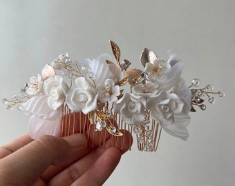 Bridal Ceramic clay Floral crystal hair comb fabric mesh rose Flower Headpiece hairpin Veil Hairpiece sophisticated Bride Wedding Gift