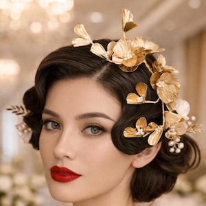 Gold petal Bridal large headpiece Unique vintage metal Flower floral vine golden leaf cheongsam hairpiece Bride Wedding goddess ball hair