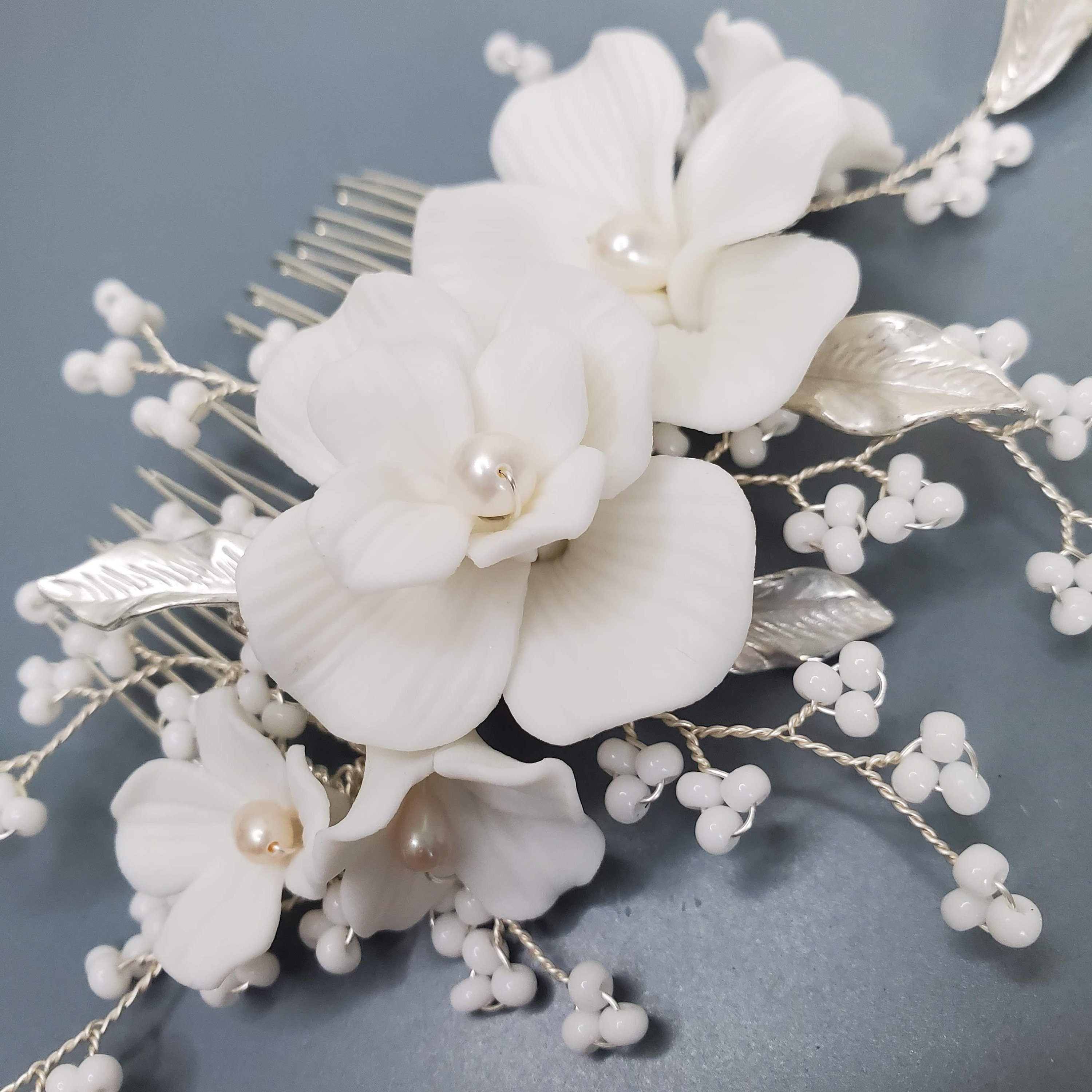 Bridal hard Ceramic hair comb freshwater pearls Headpiece Flower golden white Freshwater Pearl Dusted White Rose And Lily Blossom Hair  main image 2