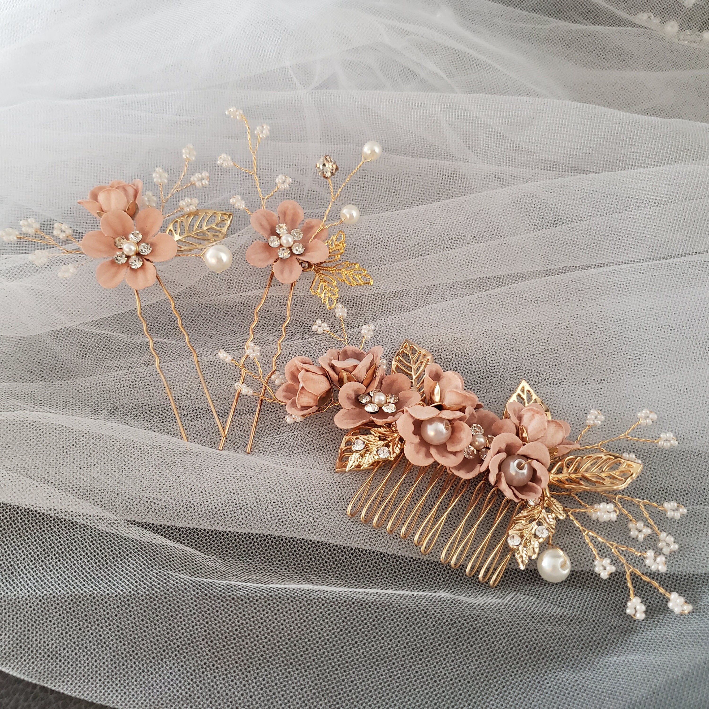 Bride Comb Pin Bridal Hairpiece Comb Pin 3pcs Flower Girl Floral Leaf Maid of Honor ...
