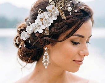 3pcs Set Bridal headpiece Hairpiece gold comb pin feminine white Flower floral leaf Maid of Honor Bride Hair Jewelry Beach Wedding gift