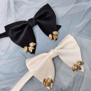Oversized bow tie pre large tied Bow Tie White black gold leaf tuxedo pointed silky Bowtie best man gift MC Groom wedding evening event