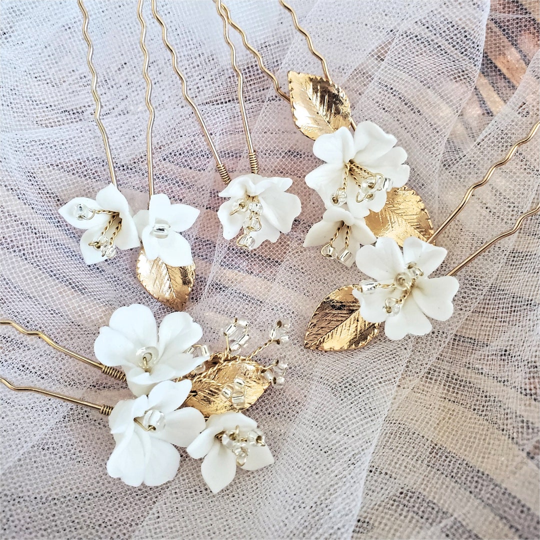 Set of 5 Ceramic Floral Pin Flower girl Garden Bride handmade Headpiece maid of 5 Pin Set - Bridal Silk Beige Flower | Flower Girl  main image 4