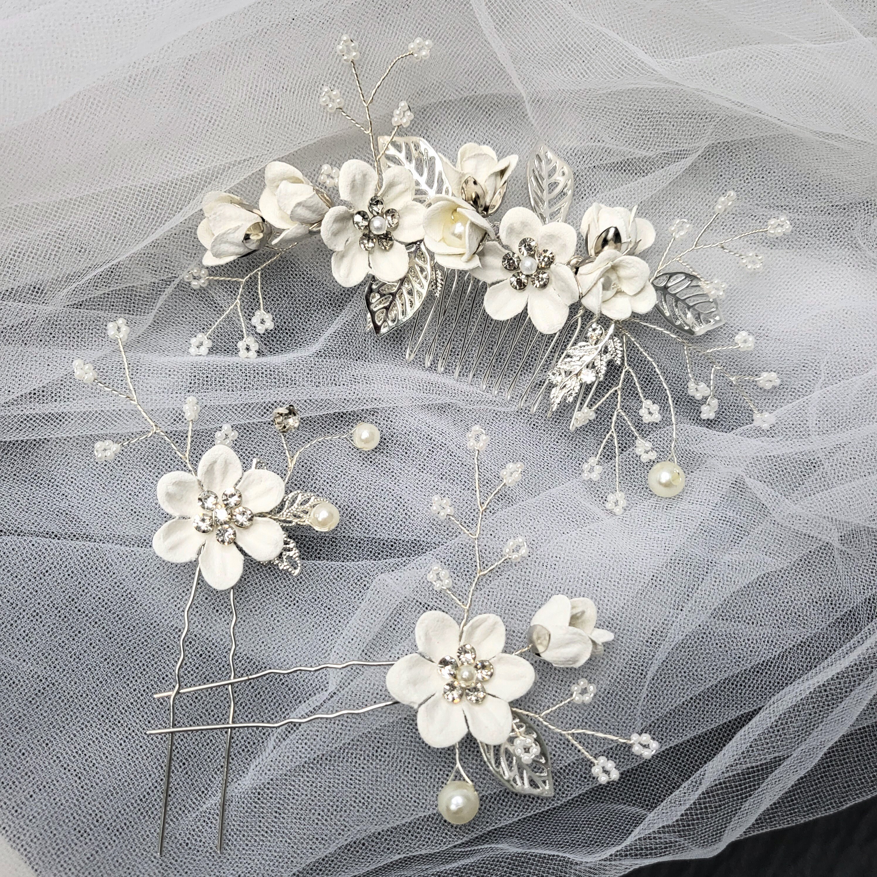 3pcs Bridal Headpiece Hair Comb Pin Set Feminine White  display picture 3