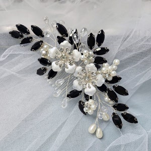 Bridal floral Black spinel Crystal Hairpieces Flower Hair comb black and white headpiece large veil clip unique Bride evening rehearsal