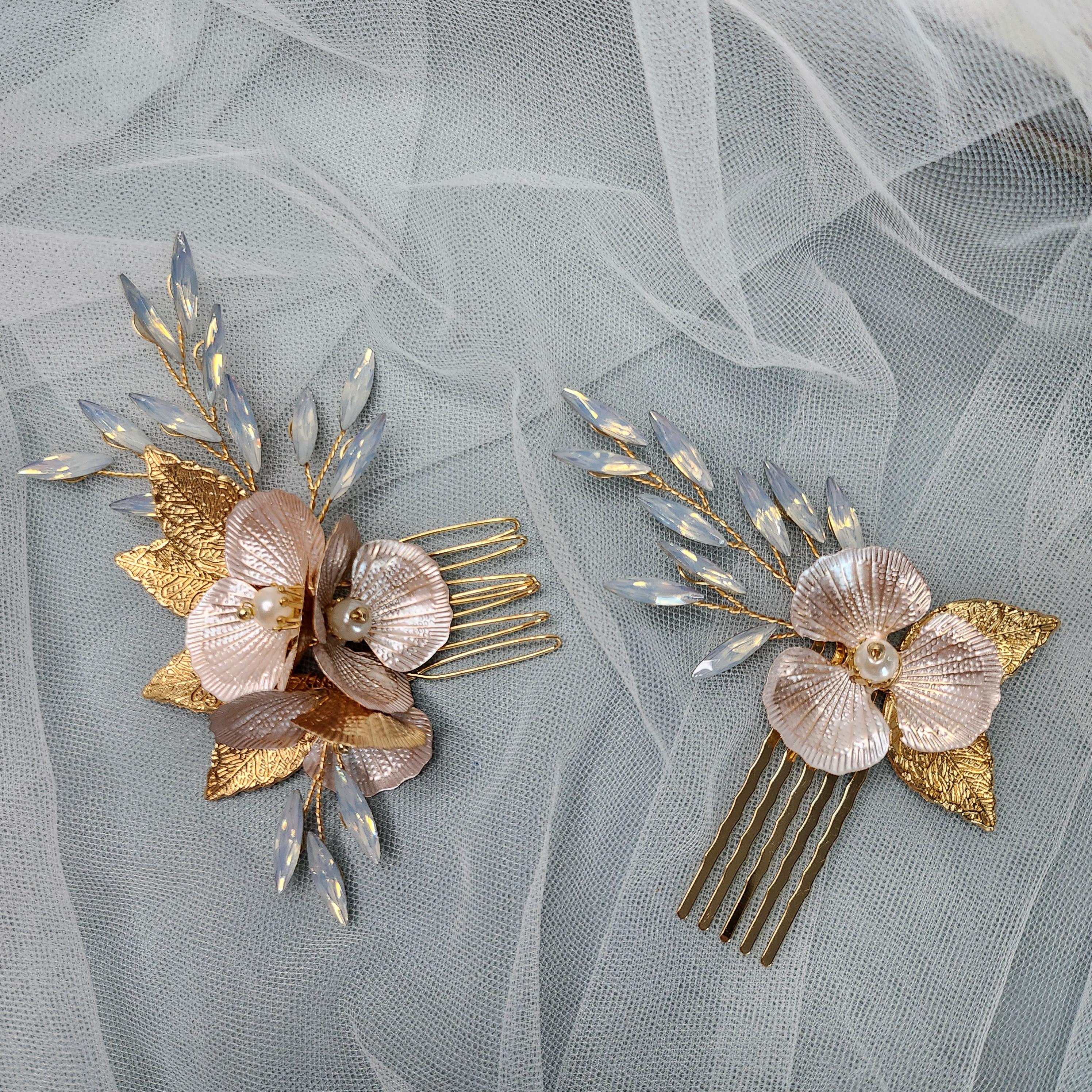 NEW Bridal Hairpiece flower Metal floral opal leaf bridesmaid bride hair set Green Opal Rhinestone Flower Hair Pins for Bride - Set of 3  main image 2