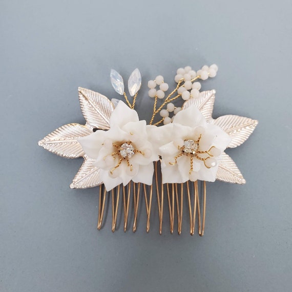 Bridal Ceramic Floral Small Headpiece Metal Leaf White Gold  display picture 3