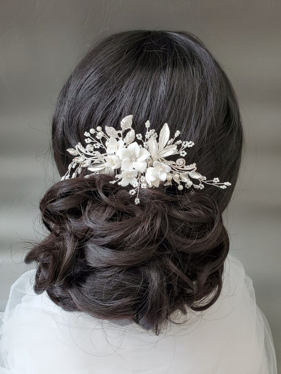Bridal Large Veil Comb Clip Ceramic Headpiece White Floral 