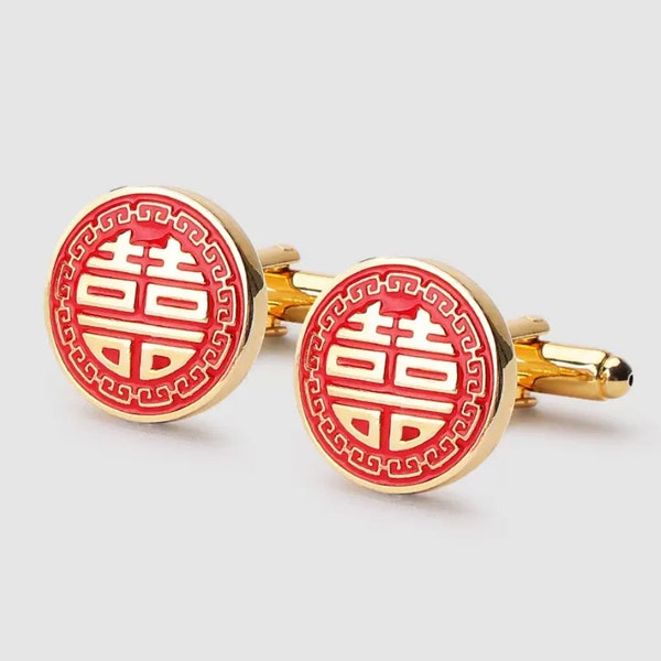 Chinese groom double happiness Double Happy gold plated round cufflinks enamel cufflink Groomsmen dad wedding gift tea ceremony