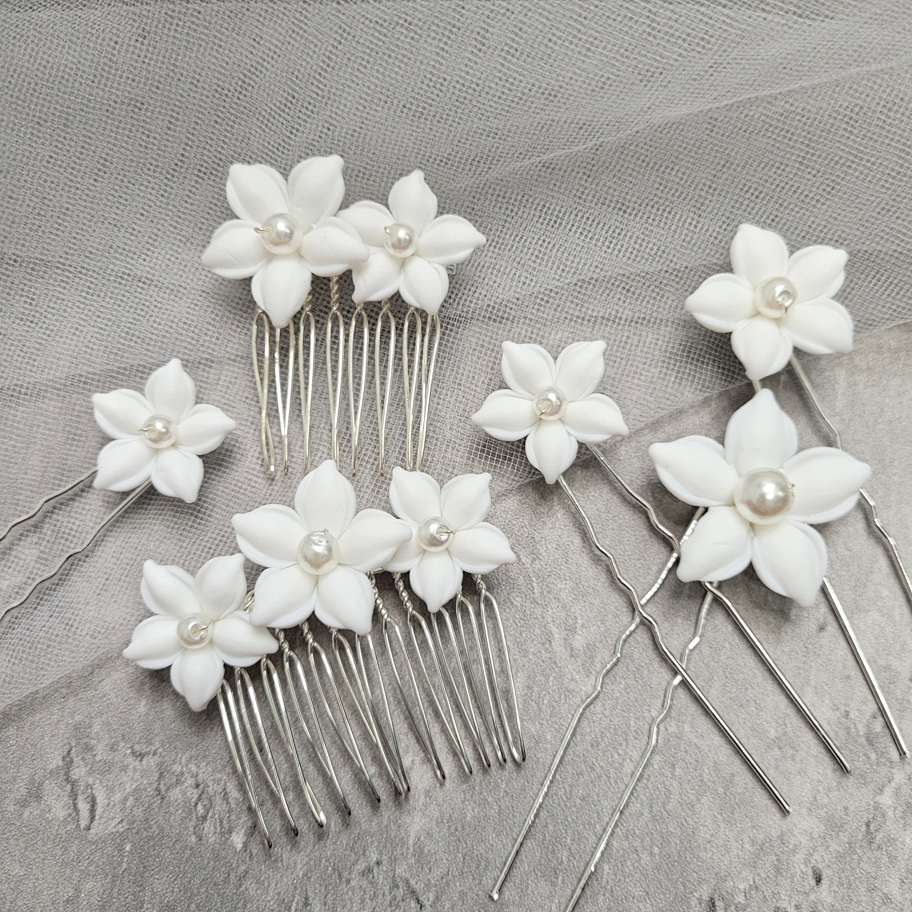 6 Pcs Bridal Ceramic Clay White Flower Girl Hair Comb Hair  display picture 2