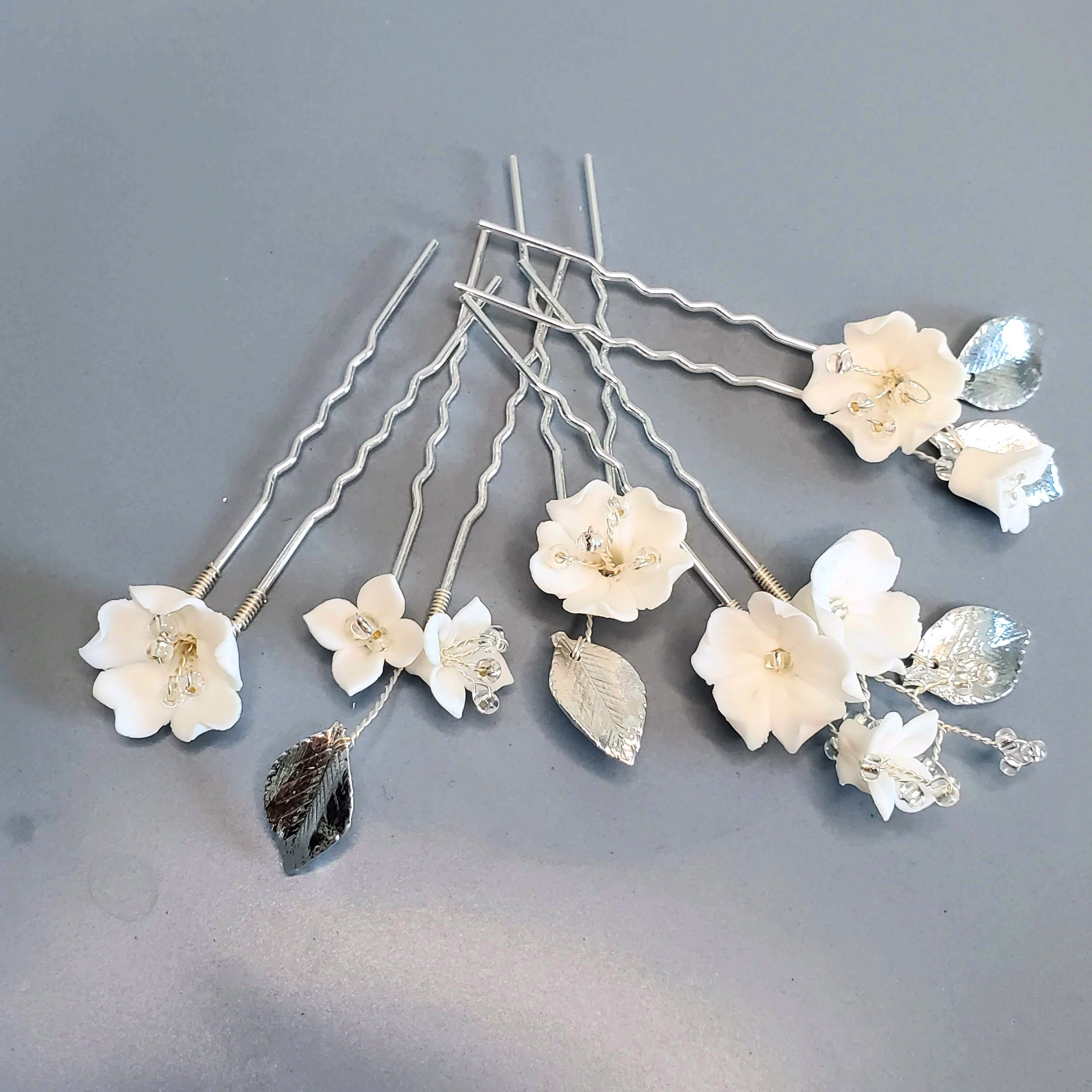 Set of 5 Ceramic Floral Pin Flower girl Garden Bride handmade Headpiece maid of 5 Pin Set - Bridal Silk Beige Flower | Flower Girl  main image 3