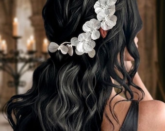 Silver white metal petal flower Bridal large headpiece floral pale rose gold leaf hairpiece Bride ball hair comb prom photo shooting evening