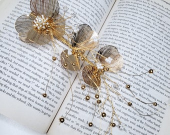 Gold petal Bridal headpiece Unique Flower floral cheongsam hairpiece hair clip Bride Asian Chinese Bride Wedding gift hair jewelry