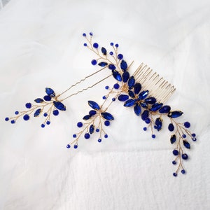 Simple elegant sapphire blue gemstone sparkly crystal gold Hairpin hair comb month of Bride theme Party Bridesmaid gift gold Hair Pin Gift