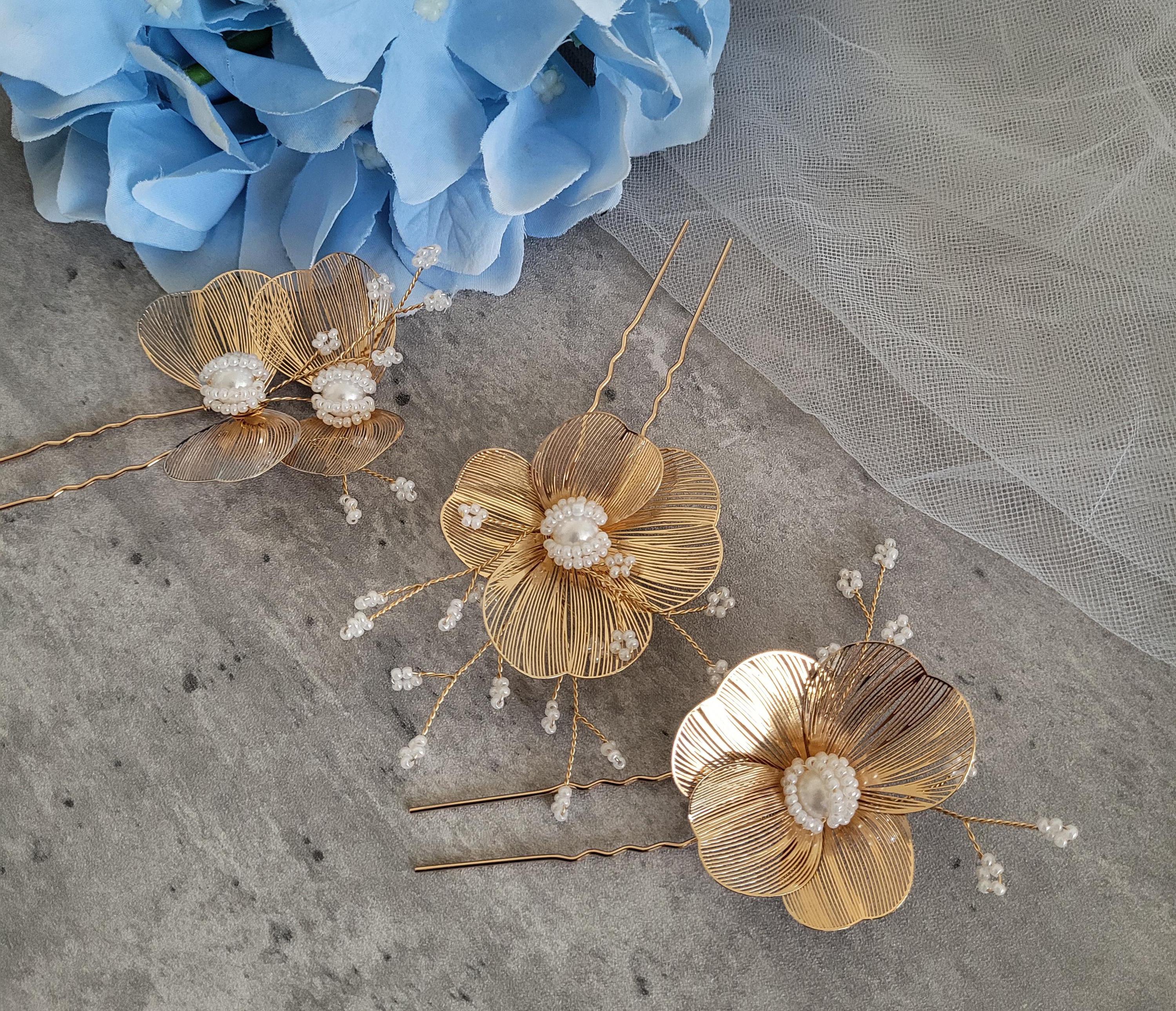2pcs Gold pedal Bridal large headpiece Unique Gold Pedal Headpiece - Etsy main image 2