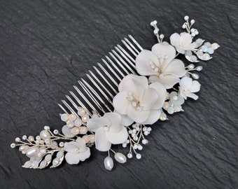 Bridal Ceramic white floral hair comb natural freshwater pearls Headpiece Flower gold Large Hairpiece sophisticated Bride Wedding Gift