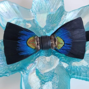 Handmade Natural multi color Blue green Black Feather bird leather Bow Tie Bowtie classy Groom best man Dad gift prom evening event pre tied