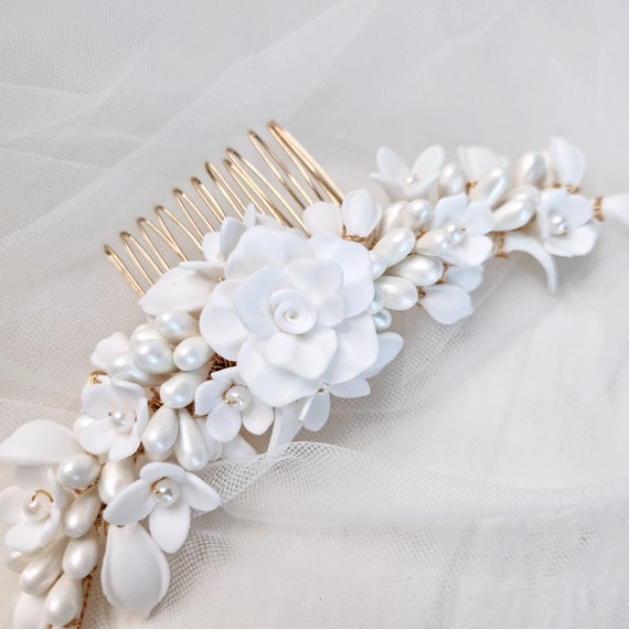 Bridal White Ceramic Floral Blooming Gold Hair Comb 