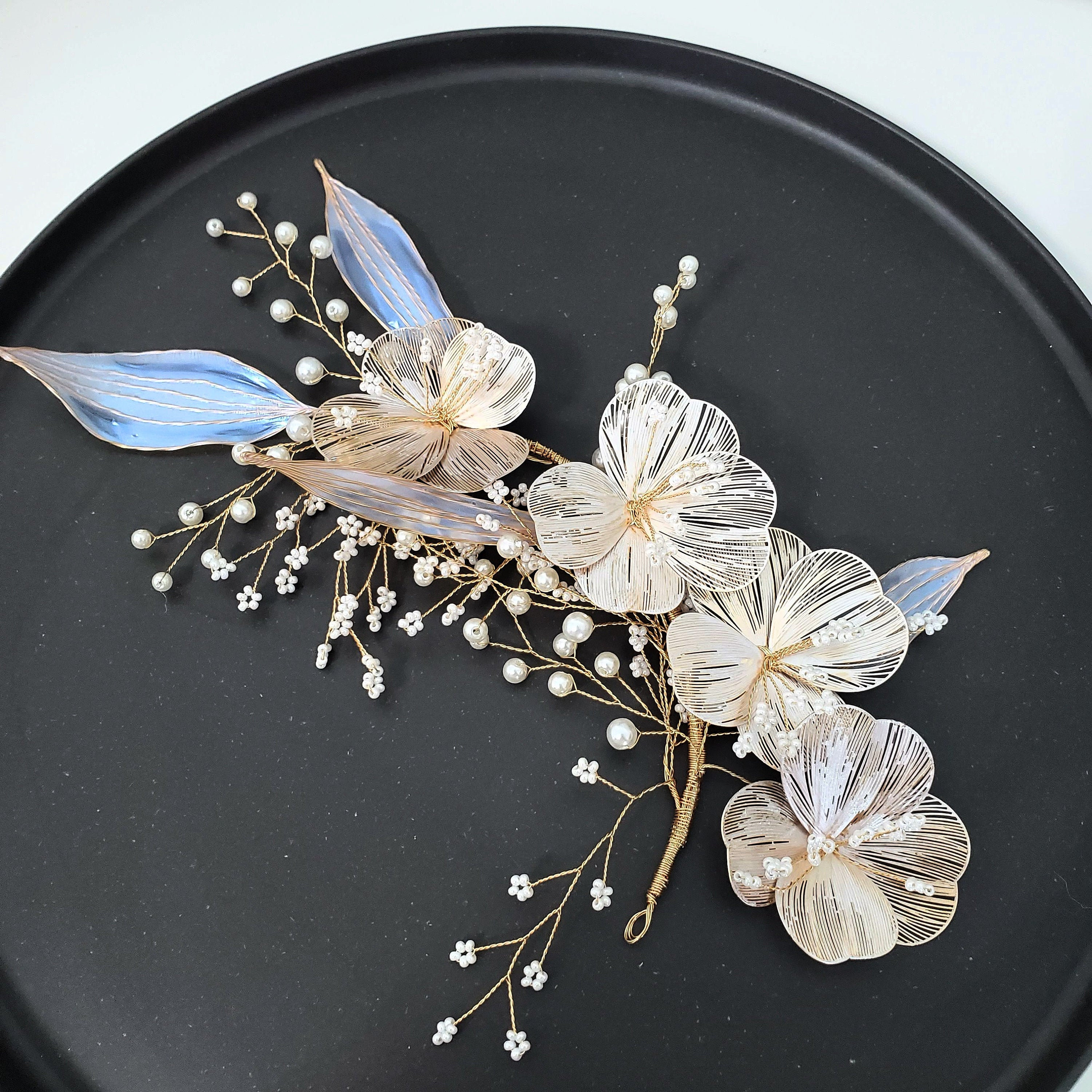 2pcs Gold pedal Bridal large headpiece Unique Gold Headpieces main image 3