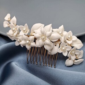 Bridal Ceramic Floral headpiece comb gold Veil comb flower Bride pearl bead Hairpiece Romantic Feminine Wedding Gift