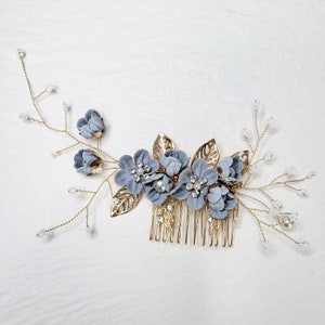 Bridal Hairpiece something Blue Flower floral with extra long vine gold hair comb mother of Bride headpiece Handmade Wedding gift