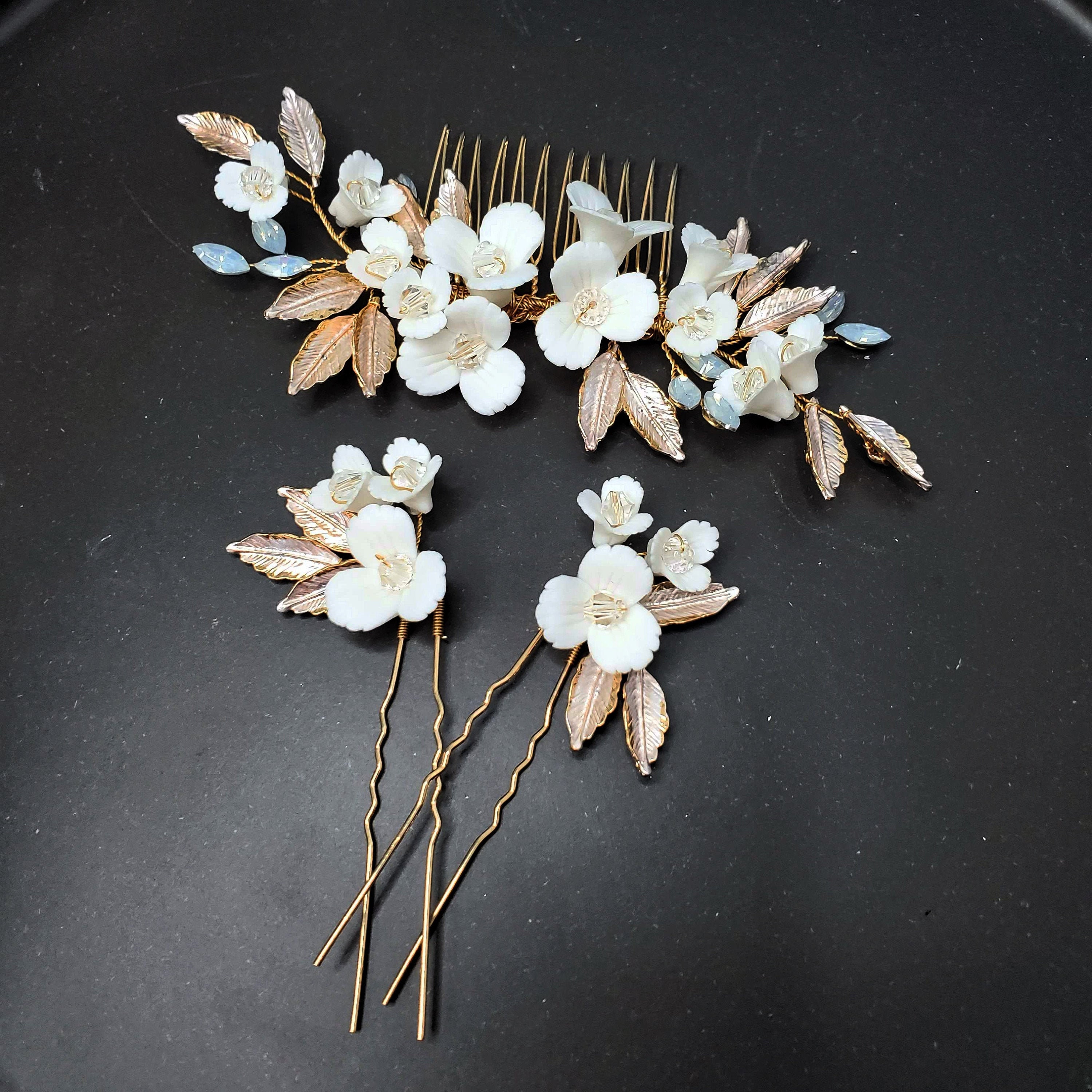 3pcs Set Bridal headpiece Hairpiece gold comb floral feminine white Flower metal 3pcs Set Bridal Headpiece Hairpiece Gold Comb Floral  main image 2
