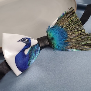 One of a kind Groom Peacock graphic Feather tail flamingo Evening Rare Bow Tie Satin Bowtie Handmade Groom Groomsmen Gift wedding unique