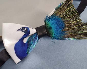 One of a kind Groom Peacock graphic Feather tail flamingo Evening Rare Bow Tie Satin Bowtie Handmade Groom Groomsmen Gift wedding unique