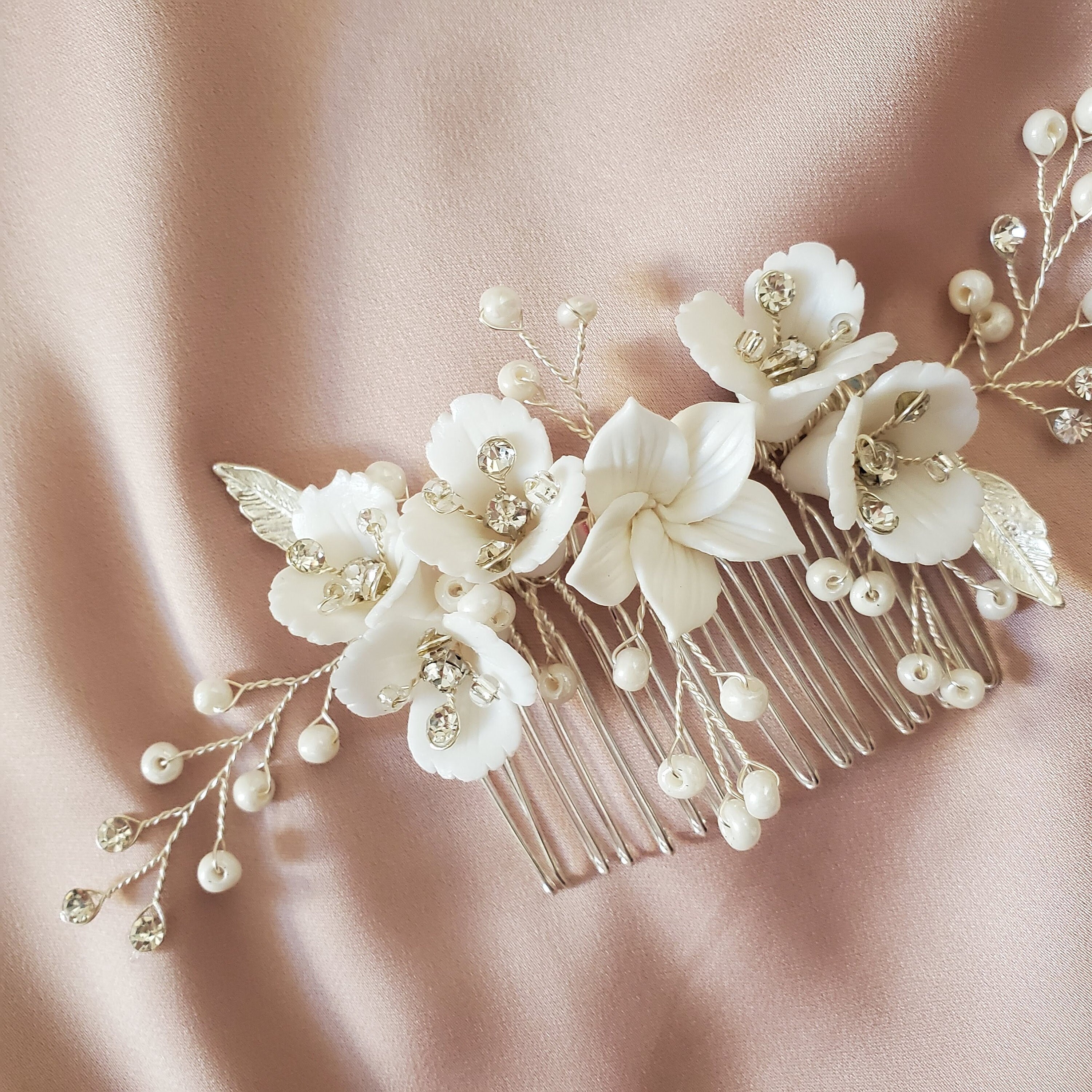 Crystal encrusted flower and bud headpiece Silk floral and crystal bridal headpiece - Dreamy creamy  main image 2