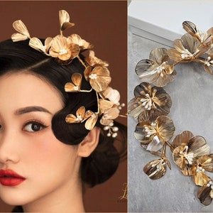 Petalo d'oro Grande copricapo da sposa Unico vintage in metallo Fiore floreale Vite foglia d'oro cheongsam copricapo Sposa Matrimonio dea palla capelli