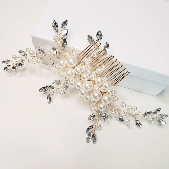 Bridal Classy Gold Pearl Crystal Floral Large Hair Comb  display picture 2
