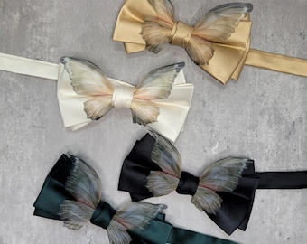 One of a kind Groom white Silky Sateen decorative butterfly pre tiied Bow Tie Bowtie Champagne gold wedding gift evening bowtie gala prom