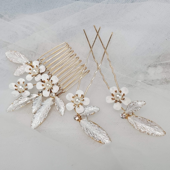 3pcs Set Bridal Hairpiece Hair Comb Metal White Daisy Flower  display picture 3