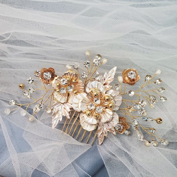 Etsy EnjoyLuv  gold metal floral Hair pieces Bridal Veil Comb Clip Ceramic Headpiece Metal Leaf White  main image 2