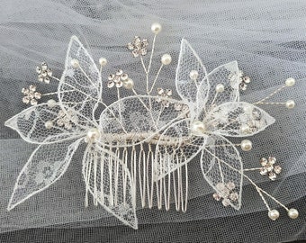 White Bride Hairpiece two Lace fabric Floral Flower Veli Hair Comb Accessory hairpiece bohemian Bridal headpiece Wedding Gift
