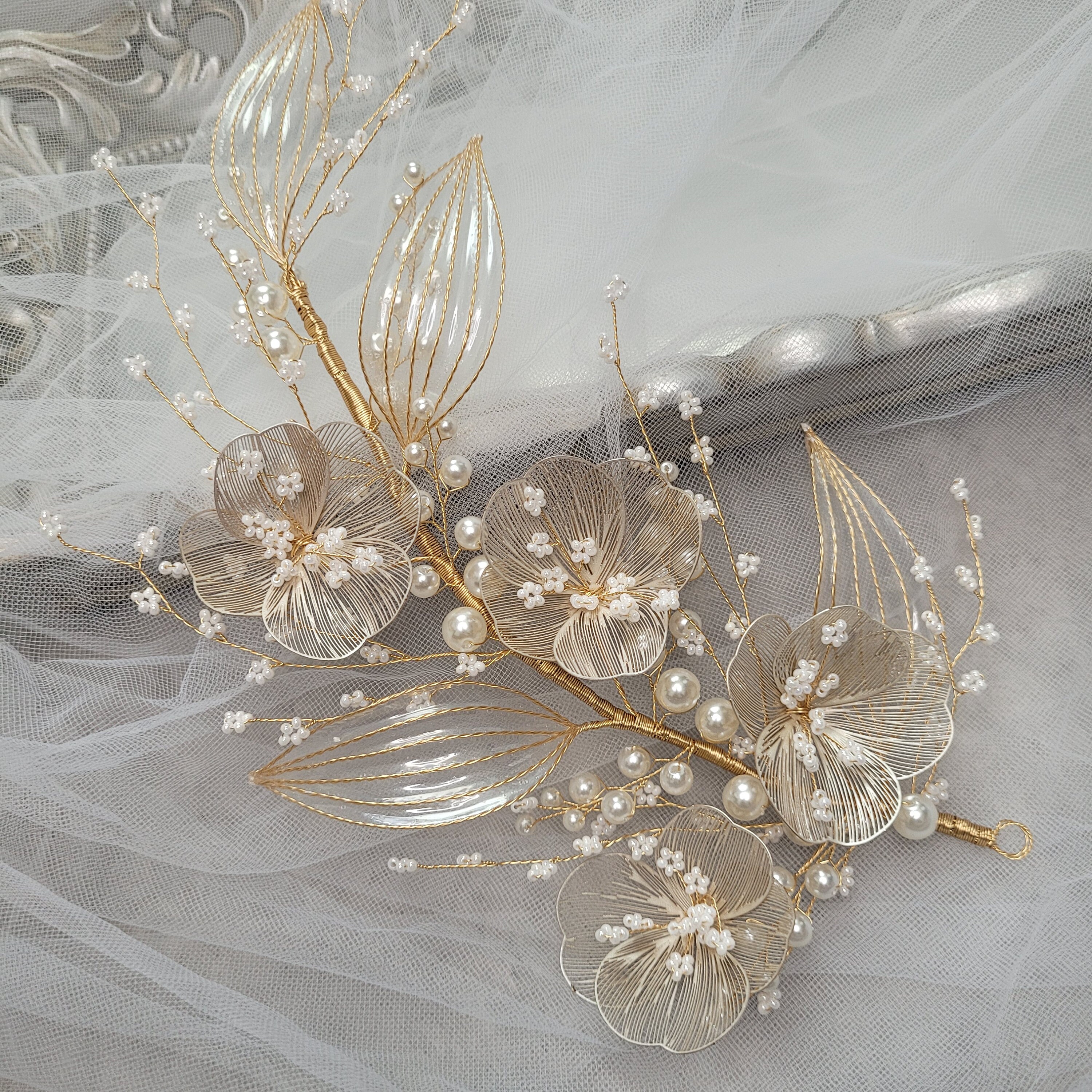 Unique Light Pale Gold Petal Flower Leaf Bridal Large 