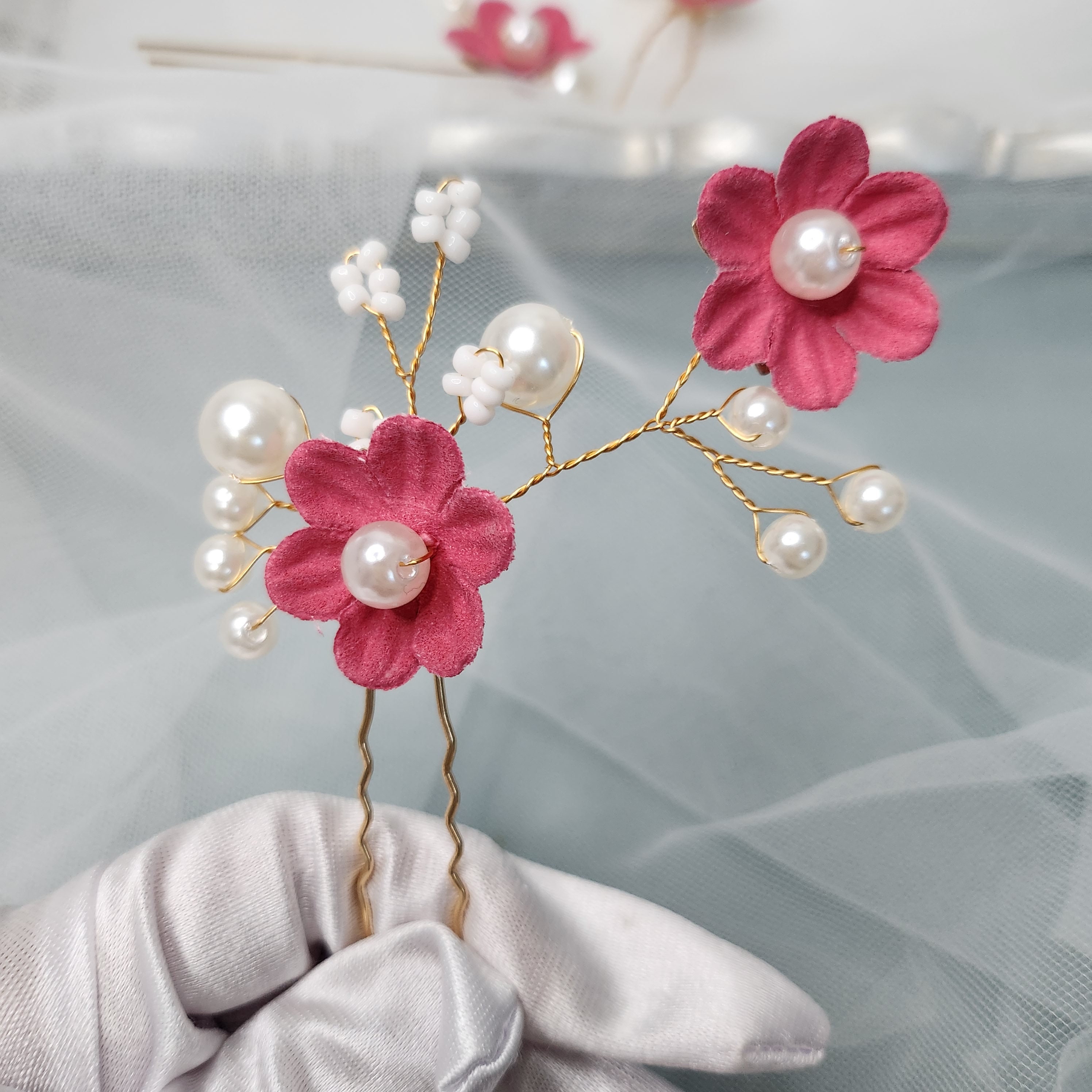 3 Pcs Bright Pink Flower Girl Hair Fuchsia Petals Floral  display picture 2