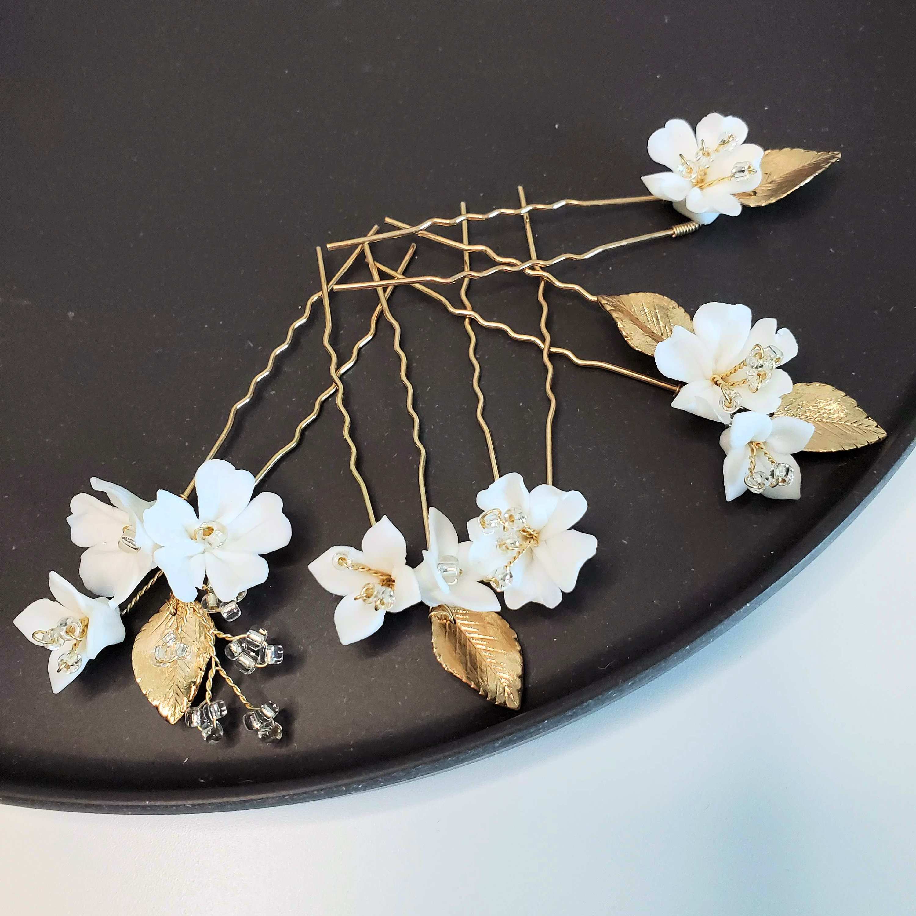 Set of 5 Ceramic Floral Pin Flower girl Garden Bride handmade Headpiece maid of 5 Pin Set - Bridal Silk Beige Flower | Flower Girl  main image 2