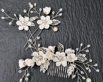 3pcs Bridal Headpiece Hair Comb Pin Set Feminine White  display picture 1