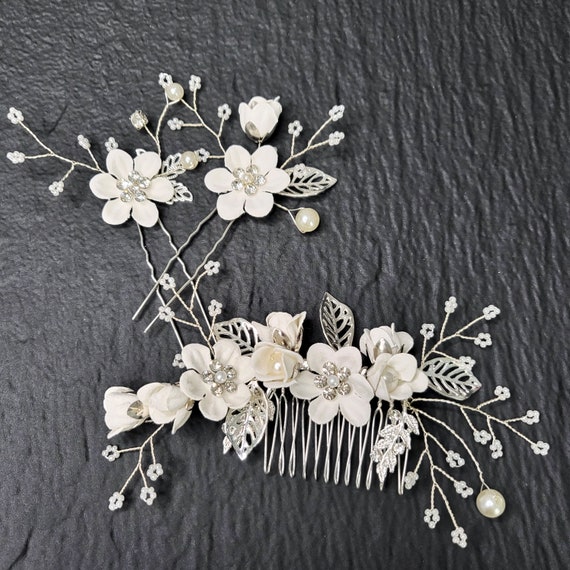 3pcs Bridal Headpiece Hair Comb Pin Set Feminine White  display picture 3