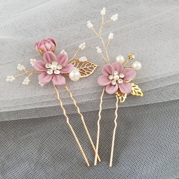 3pcs Bridal Hairpiece Floral Comb Purple Flower Girl Gold  display picture 1