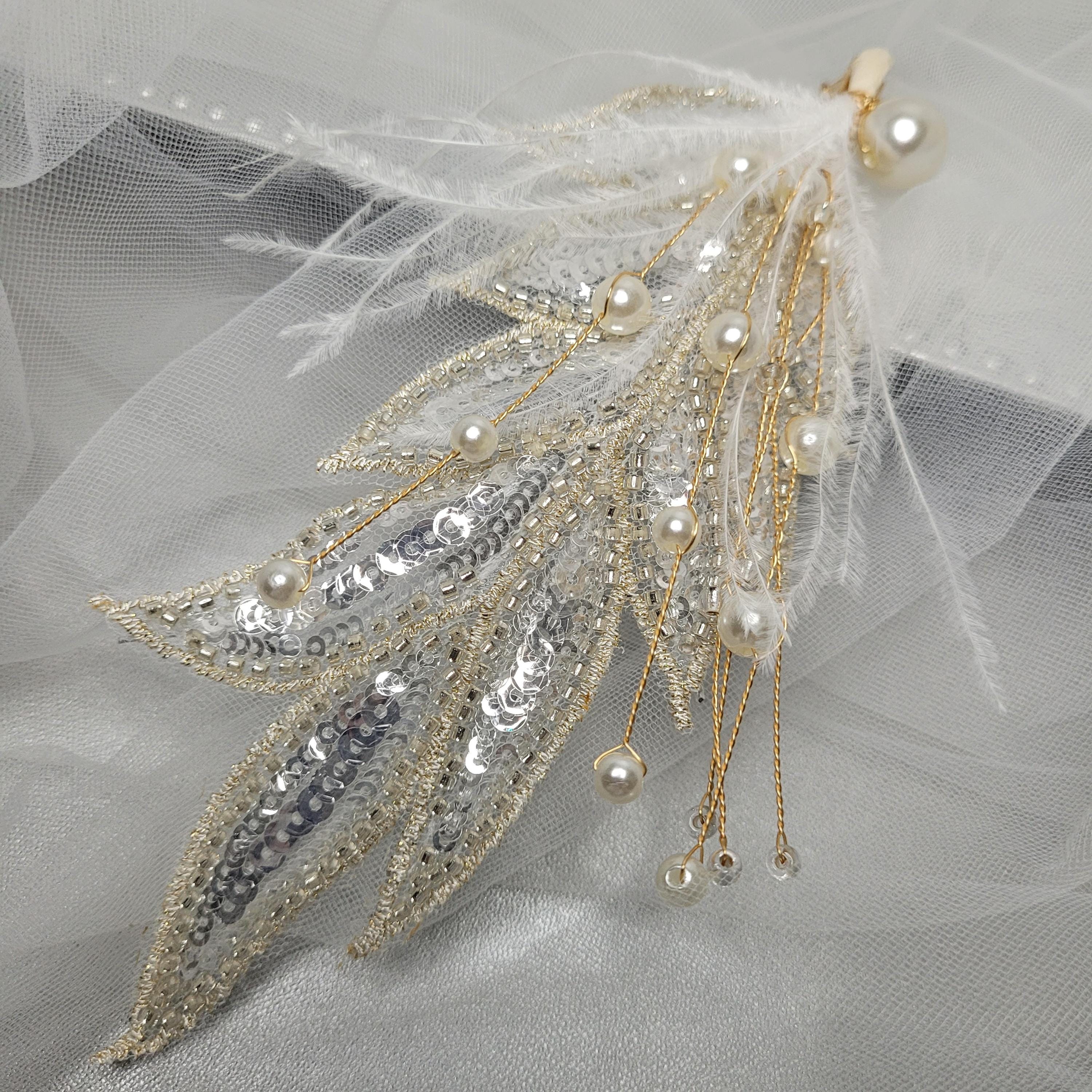 Lace Feather Sequin Leaf Bridal Headpiece White Sawn Dance  display picture 2
