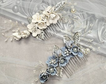 Bridal Hairpiece Flower floral with hair comb mother of Bride headpiece Handmade Wedding gift dusty blue white silver Timeless